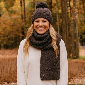 Barefoot Dreams CozyChic Espresso/Cocoa Pom Pom Knit Hat and Scarf Set
